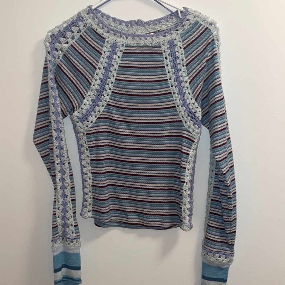Free people crochet sweater (blue maroon and white)